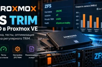 Баннер ZFS TRIM в Proxmox VE с SSD, сервером и диаграммой производительности